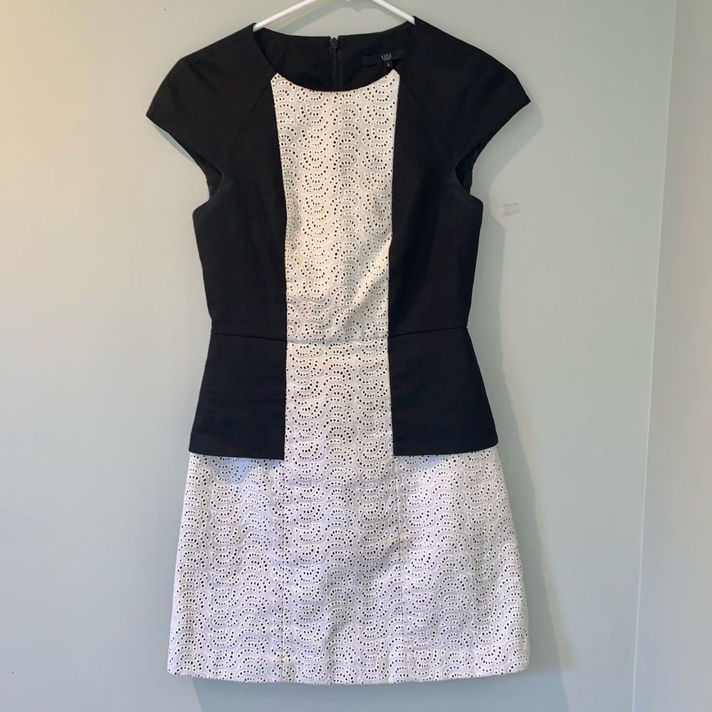Tibi black linen and white eyelet dress